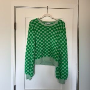 Zara checkered sweater • large (fits like a medium) • neon green & light blue